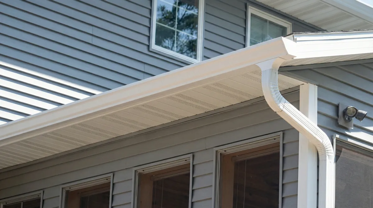 Professional home remodeling project showing newly installed white seamless gutters and downspouts on a house with gray siding in Providence, RI