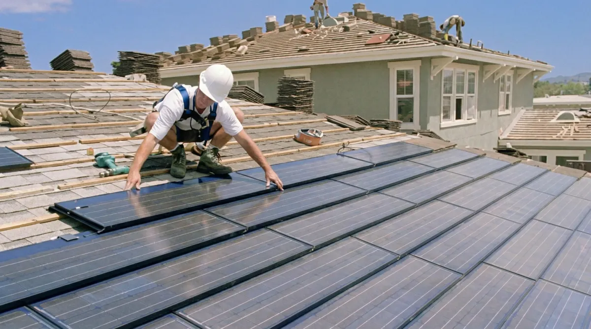 Roof replacement expert installing modern solar shingles on a residential home in Providence, RI