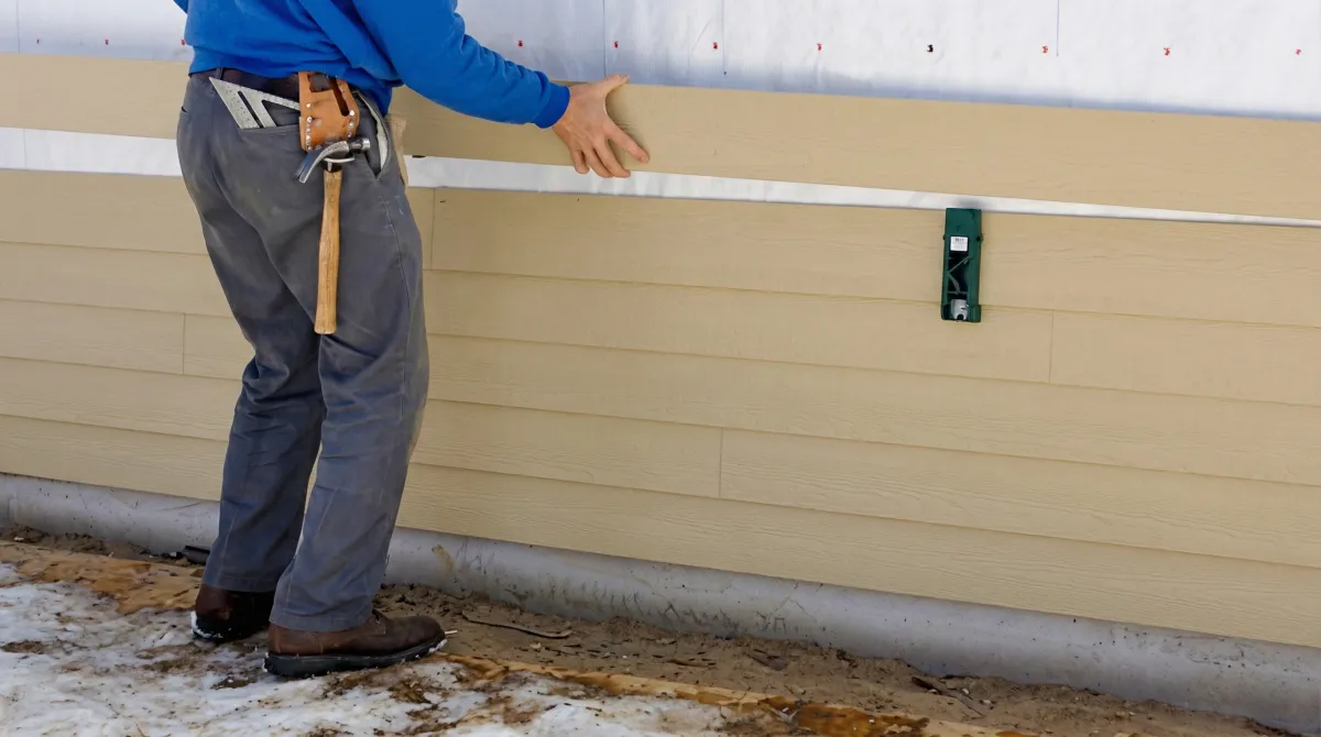Siding replacement expert carefully aligning a new tan siding panel onto a residential exterior wall in Providence, RI