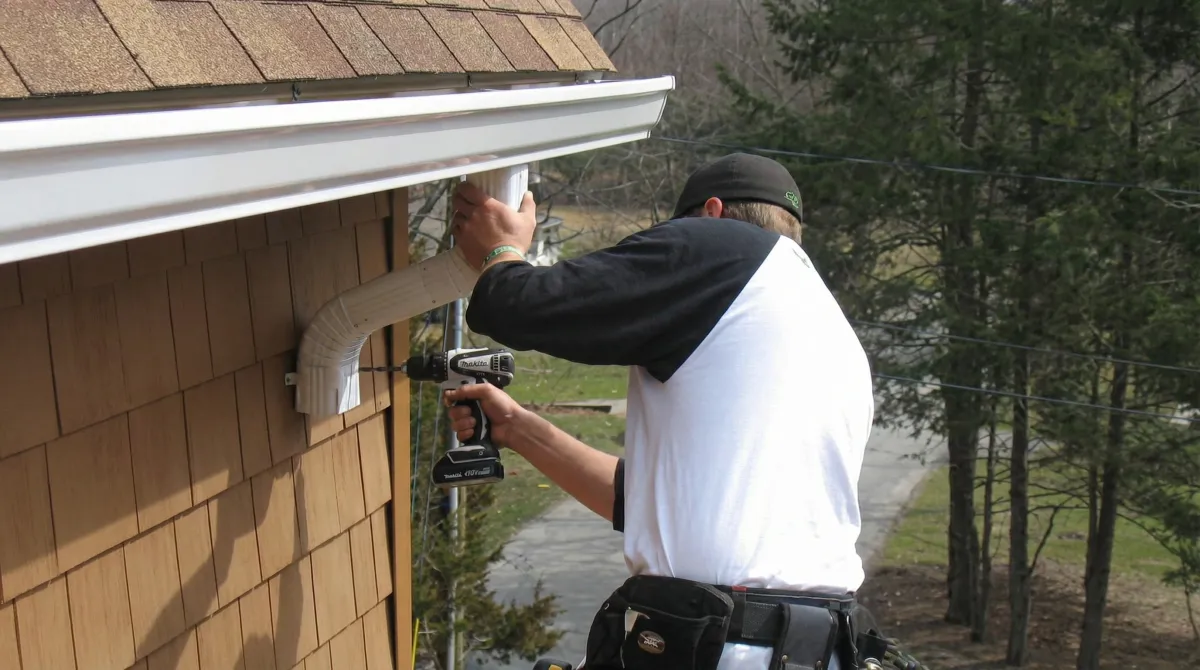 Professional contractor installing tan vinyl siding panels on a residential home exterior in Providence, RI