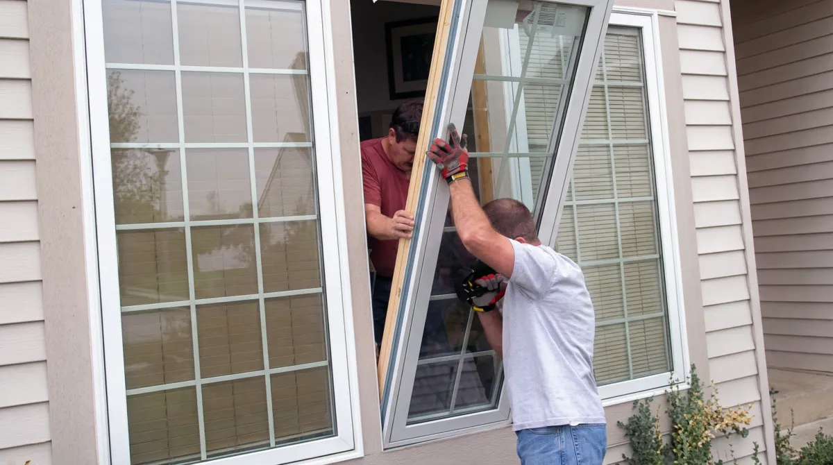 Professional home remodeling team installing a large replacement window on a house with tan siding in Providence, RI